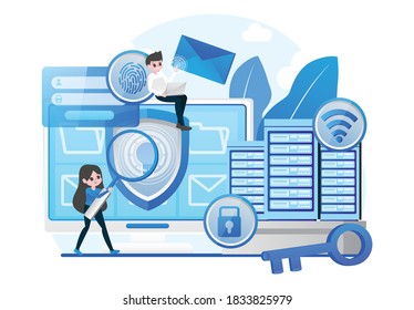 Network Security Tiny People Character Concept Vector Illustration, Suitable For Wallpaper, Banner, Background, Card, Book Illustration, Web Landing Page, and Other Related Creative. Vector