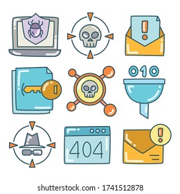 seguridad de red e iconos de exploración de virus establecen el tema del doodle de color