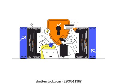 Network security web concept in flat outline design with characters. Man using secure login to personal account, firewall protecting data and files on laptop, people scene. Vector illustration.