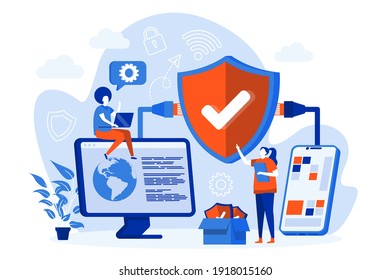 Network security web concept with people. Cybersecurity engineers work scene design. Firewall and antivirus software flat style composition. Vector illustration for social media promotional materials.