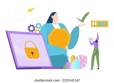 Network security, web safety protection by password access, vector illustration. Tiny flat woman character use account technology, lock