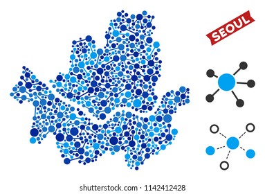 Network Seoul city map mosaic. Abstract geographic plan of connections in blue shades. Vector Seoul city map is composed from network nodes. Concept of hosting service.