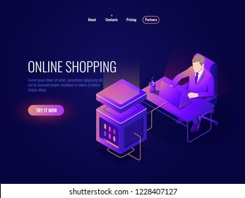 Network server, big data processing, system administrator programmer sitting at the table, future technology, artificial intelligence development AI, dark neon vector