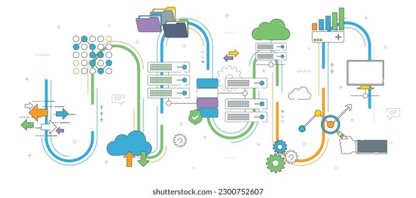 Network server of computers and business intelligence. Database security system. Backup data traffic analysis. Big Data and cloud computing banner concept with icons in flat design thin line vector.