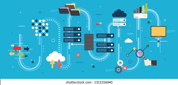 Network server of computers and business intelligence.Database security system. Backup data traffic analysis. Big Data and cloud computing banner concept with icons in flat design vector illustration.