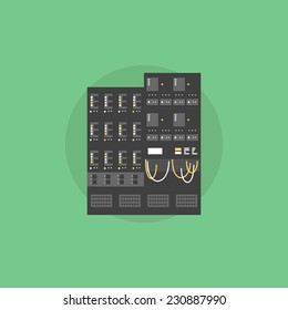 Network server data array, mainframe hosting computer, supercomputer rack unit. Flat icon modern design style vector illustration concept.