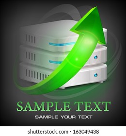 Network server with green arrow, isolated on black, vector illustration