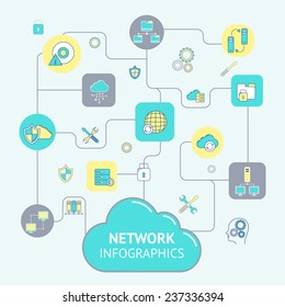 Network and server infographics with cloud computing elements set vector illustration