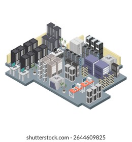 Network server room with row of computer equipments isometric illustrated on white background