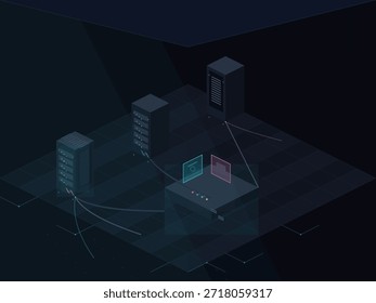 A network of servers is arranged in a dark space. The servers are connected to displays that show data flow. Cables connect each server to the main control area.