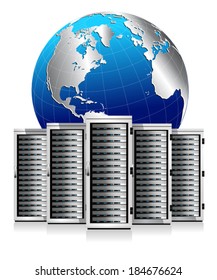 Network Servers with Globe - Conceptual Image - Elements of this image furnished by NASA, the base map of the Globe is Hand Drawn using the pen tool with a tablet pen for maximum detail