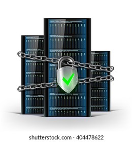 Network servers with a lock with chain. Security database. Stock vector illustration.