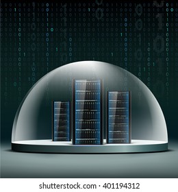 Network Servers Under A Glass Dome. Security Database From Hacker Attacks. Stock Vector Illustration.