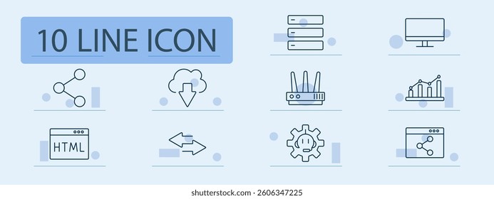 Network set icon. Connection, share, internet, cloud storage, data, html, server, graph, router, screen, service, web, signal