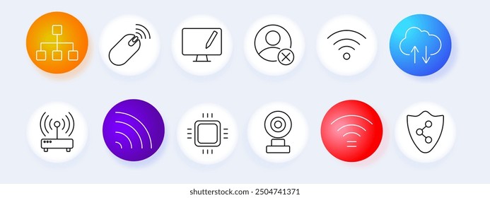 Network set icon. Hierarchy, mouse, monitor, Wi-Fi, cloud, upload, camera, shield, security, signal, vector, graphic, icon.