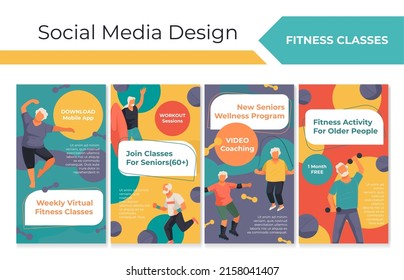 Juego de redes con promoción de clases de fitness senior. Colección de medios sociales con personajes de pensionista plano de 60 personas, ilustración vectorial. Programa de bienestar para publicidad en línea de ancianas