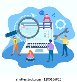 Network setting concept. Team work SEO optimization Internet marketing online around the world. Vector illustration for web design, advertising posters, blogging, presentations.