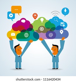 Network sharing concept design, businessman holding up cloud symbol.