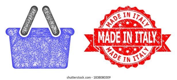 Network shopping bag icon, and Made in Italy textured ribbon stamp seal. Red stamp seal includes Made in Italy caption inside ribbon.Geometric linear frame flat network based on shopping bag icon,