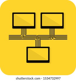 Network sign. LAN Ethernet router port logo. Telecommunication wired internet. Flat 3D shadow design. yellow background black vector. product brand service label banner board display. App icon.