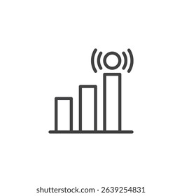 Network signal bars line icon with ascending rectangles. This outline icon symbolizes connectivity, strength, and wireless access. Communication vector icon.
