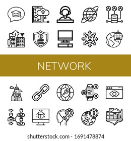 network simple icons set. Contains such icons as Chat, Smart city, Cloud storage, Security, Receptionist, Computer, Earth grid, Team, Server, can be used for web, mobile and logo