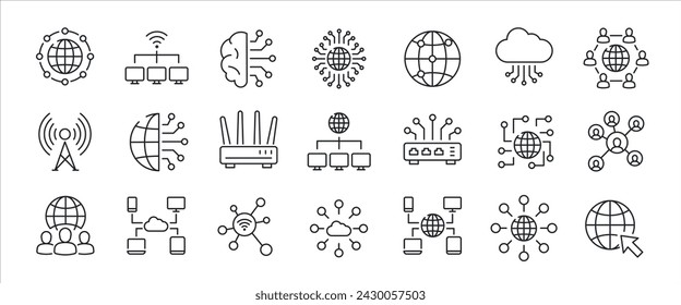 Network simple minimal thin line icons. Related connection, communication, technology, broadband. Vector illustration.