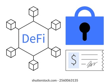 Network of six connected blocks with DeFi text. Blue lock symbolizes security. Financial document shown with dollar sign and signature. Ideal for fintech innovation, blockchain, digital security