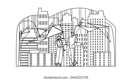 network smart city urban development vector. business internet, infrastructure line, digital sustainable network smart city urban development character. people black line pencil drawing illustration