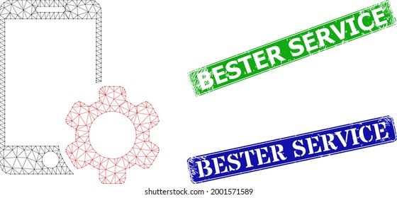 Network smartphone repair gear image, and Bester Service blue and green rectangle unclean seals. Polygonal carcass illustration based on smartphone repair gear icon.