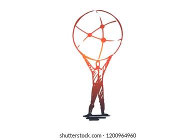 Network, social, communication, global, internet concept. Hand drawn businessman making connections concept sketch. Isolated vector illustration.