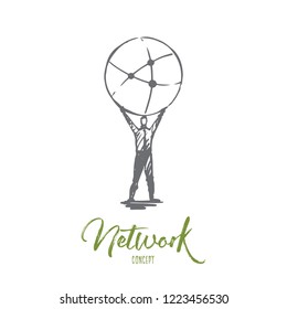 Network, social, communication, global, internet concept. Hand drawn businessman making connections concept sketch. Isolated vector illustration.