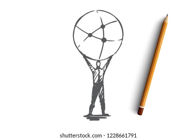 Network, social, communication, global, internet concept. Hand drawn businessman making connections concept sketch. Isolated vector illustration.