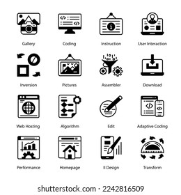 Network Social, Media Marketing, File Share, System Update, Global Server, Throughput, Application, LAN, Bug Fixing, Hypervisor, Buildings, Password, Web Security, Glyph Icons - Solid, Vectors