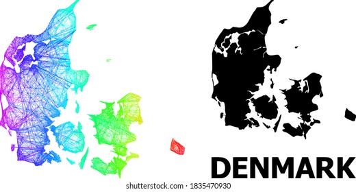 Network and solid map of Denmark. Vector model is created from map of Denmark with intersected random lines, and has rainbow gradient. Abstract lines are combined into map of Denmark.