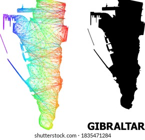 Network and solid map of Gibraltar. Vector model is created from map of Gibraltar with intersected random lines, and has spectral gradient. Abstract lines are combined into map of Gibraltar.