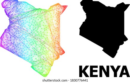 Network and solid map of Kenya. Vector model is created from map of Kenya with intersected random lines, and has spectrum gradient. Abstract lines are combined into map of Kenya.