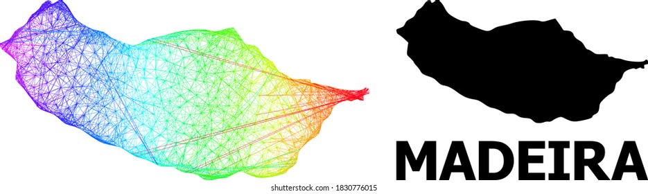 Network and solid map of Madeira Island. Vector structure is created from map of Madeira Island with intersected random lines, and has bright spectral gradient.