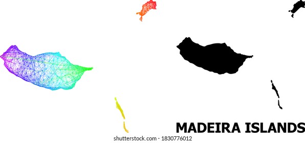 Network and solid map of Madeira Islands. Vector model is created from map of Madeira Islands with intersected random lines, and has bright spectral gradient.