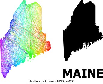 Netzwerk und solide Karte des Bundesstaates Maine. Das Vektormodell wird aus der Karte des Maine-Staates mit intersektierten Zufallslinien erstellt und hat einen spektralen Farbverlauf. Abstrakte Linien werden zu einer Karte des Bundesstaates Maine zusammengefasst.