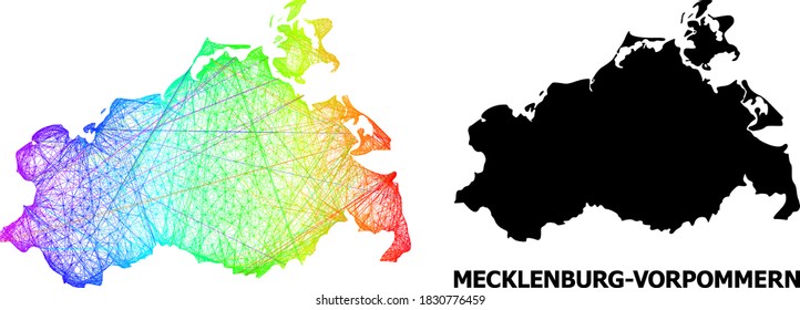 Netzwerk und Karte des Bundesstaates Mecklenburg-Vorpommern. Das Vektormodell wird aus der Landkarte des Mecklenburg-Vorpommern mit intersektierten Zufallslinien erstellt und hat einen spektralen Farbverlauf.