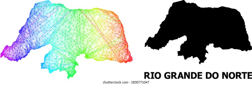 Netzwerk und solide Karte des Rio Grande do Norte State. Das Vektormodell wird aus der Karte des Rio Grande do Norte-Staats mit intersektierten Zufallslinien erstellt, und hat Spektrum-Farbverlauf.