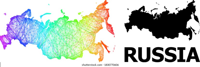 Network and solid map of Russia. Vector structure is created from map of Russia with intersected random lines, and has rainbow gradient. Abstract lines are combined into map of Russia.