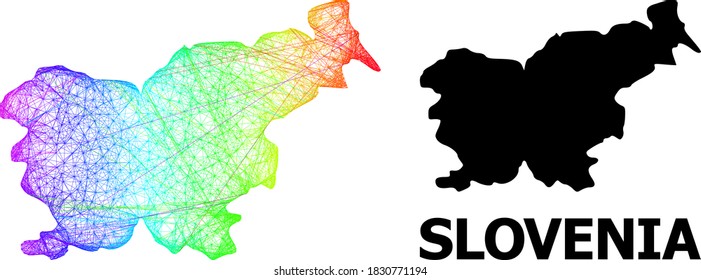 Network and solid map of Slovenia. Vector structure is created from map of Slovenia with intersected random lines, and has spectrum gradient. Abstract lines are combined into map of Slovenia.