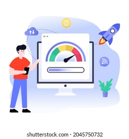 Network speed flat illustration, working performance of web 