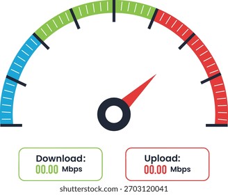 Medidor de prueba de velocidad de red con indicadores de Descarga y Cargar. Vector