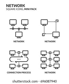 Network, square mini icon set. The illustrations are a vector, editable stroke, thirty-two by thirty-two matrix grid, pixel perfect files. Crafted with precision and eye for quality.