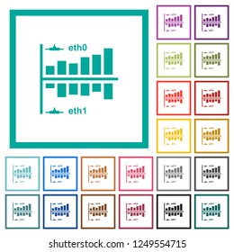 Network statistics flat color icons with quadrant frames on white background
