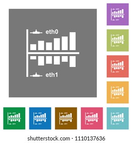 Network statistics flat icons on simple color square backgrounds
