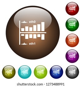 Network statistics white icons on round color glass buttons